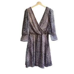 Beautiful Leopard Print Faux Wrap Sheer Sleeve Dress, Size Small
